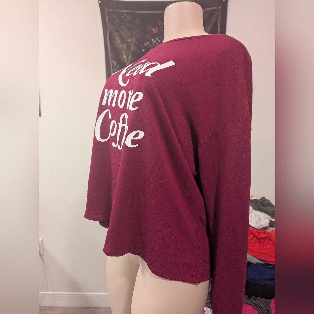 Express Maroon 'Need More Coffee' Long‎ Sleeve Shirt Size Large - Picture 6 of 9